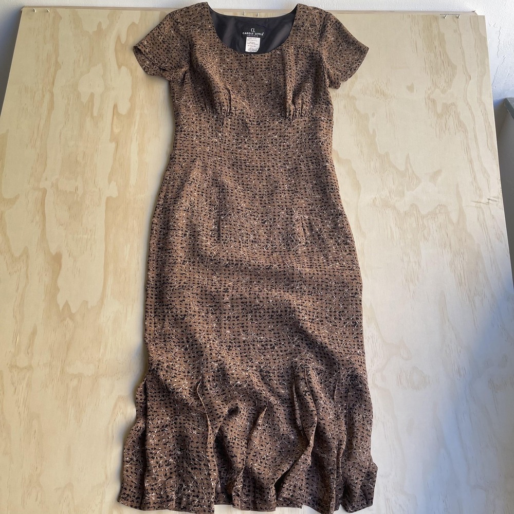 Vintage‎ Carole Little Dress Womens 6 Brown Animal Print Ruffle Hem Long Sheath